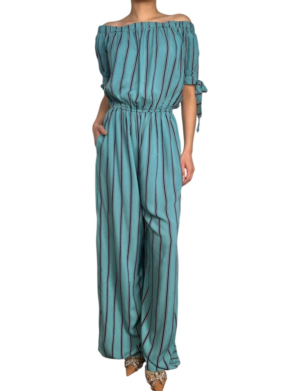 BAND OF GYPSIES Striped Off Shoulder Wide Leg Jumpsuit Boho Chic Size XS